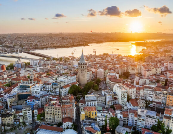 aerial drone view istanbul sunset turkey