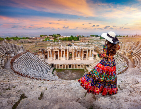 woman standing theater hierapolis ancient city pamukkale turkey